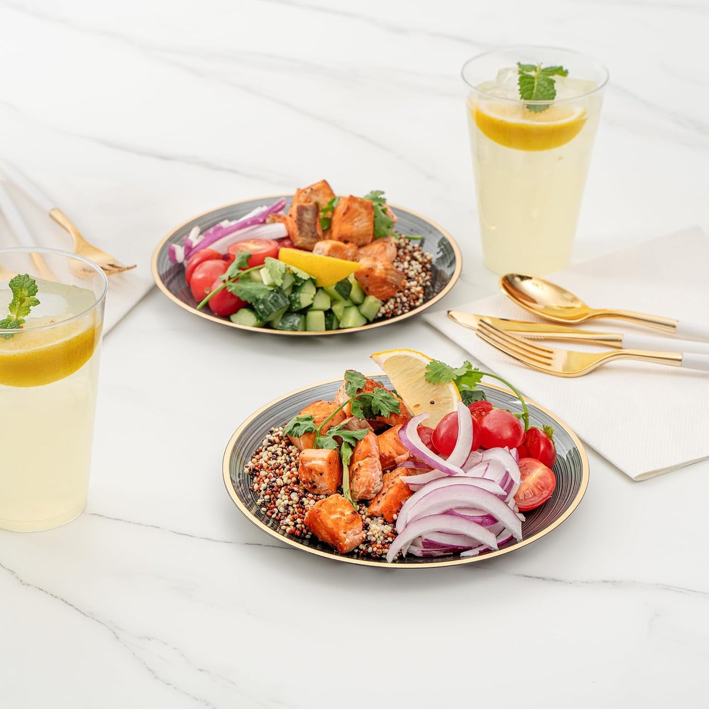 Restaurantware Plastic Plates 100 Pcs 7.25" Gold Rimmed Disposable Plates Heavy-Duty Black Translucent Rippled Plastic Dinner Servers for Party, Weddings, Salads, Desserts, and Appetizers