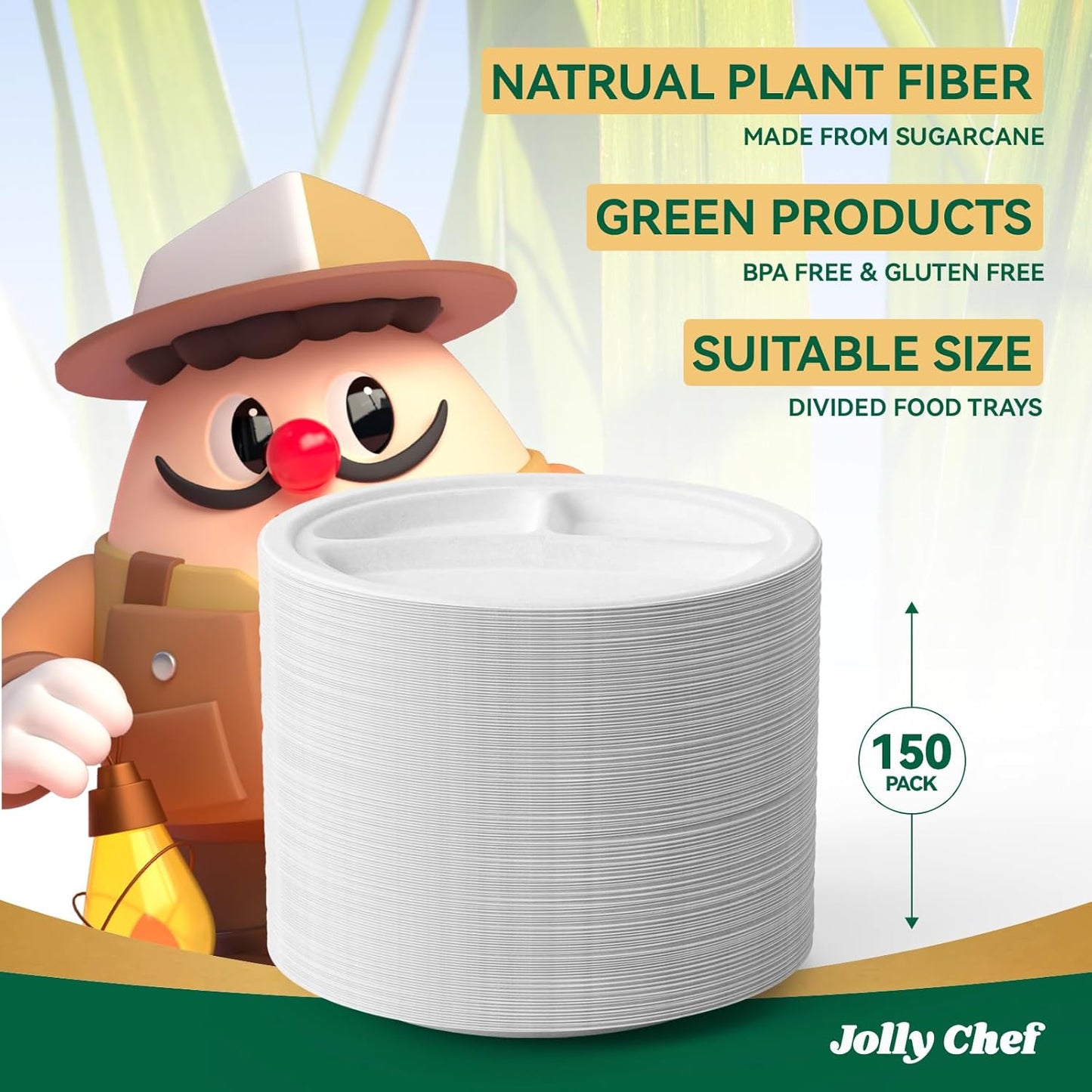JOLLY CHEF Compostable 𝟯 Compartment Paper Plates 𝟭𝟬 𝗜𝗻𝗰𝗵 [𝟭𝟱𝟬 𝗣𝗮𝗰𝗸] Heavy Duty Divided Disposable Eco-Friendly Bagasse Biodegradable White Round Trays for Party Dinner Thanksgiving Day