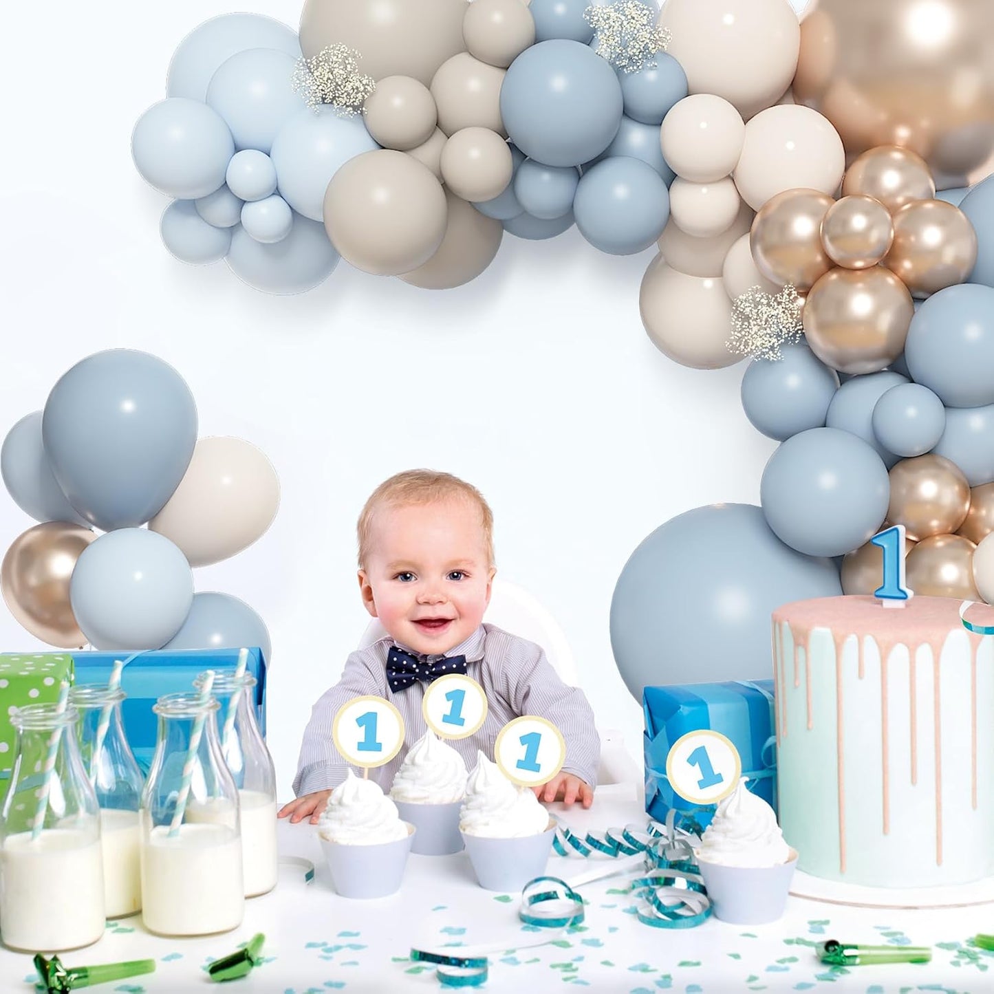 Amandir 153pcs Dusty Blue Balloon Arch Garland Kit, Different Sizes 18 12 10 5 inch White Sand Beige Cream Champagne Fog Baby Blue Balloons for Boy Baby Shower Birthday Bridal Wedding Party Decoration