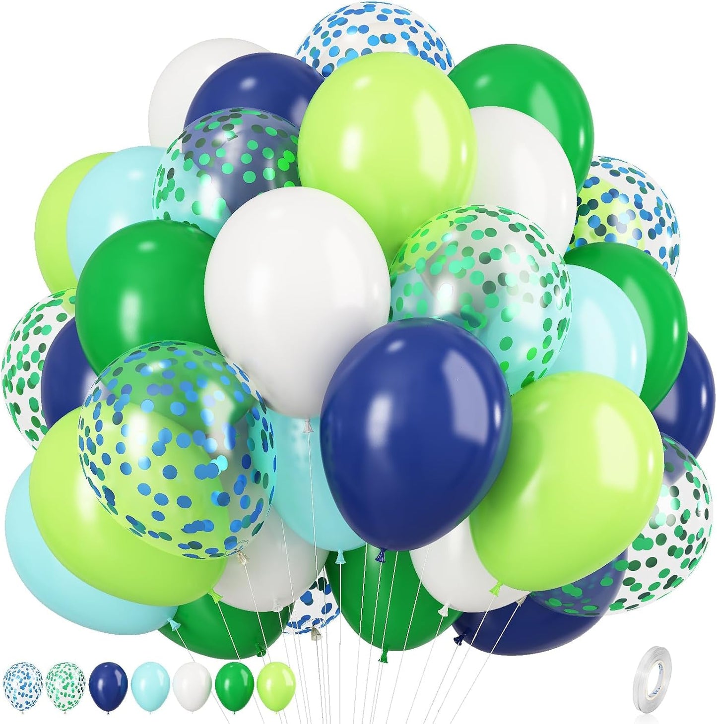 Blue and Green Balloons, 12 Inch Navy Blue Dark Green Balloons, Fruit Teal Blue White Latex Balloon with Confetti Balloon for Birthday Football Video Game Jungle Dinosaur Theme Party
