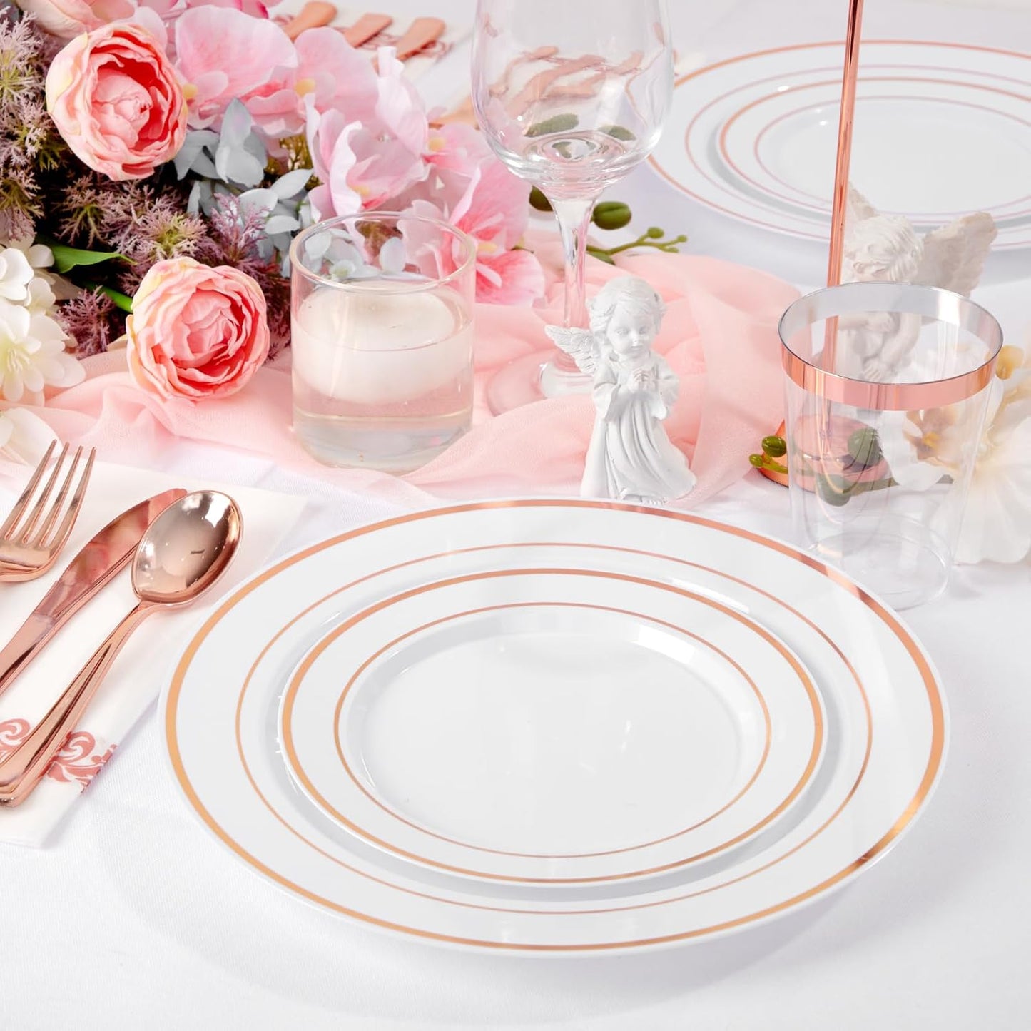 Supernal 400pcs Rose Gold Plastic Plates Disaposable Heavy Duty included Disposable Utensils& Plastic Party Plates Disaposable Party Cups and Napkins Sets for Wedding Party and Birthday
