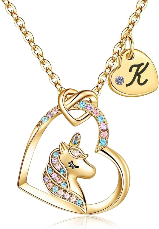 Unicorn Necklace for Girls Kids with Personalized Initial Heart Pendant, 18K Gold Fashion Jewelry for Girls, Colorful Heart Necklace for Birthday Gifts.