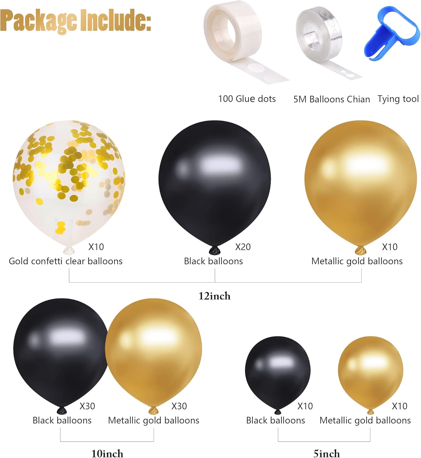 CANREVEL 120pcs Black and Gold Balloons Confetti Metallic Black Gold Latex Balloons Garland kit for Birthday Graduation Wedding Anniversaries Bachelorette Party Decorations