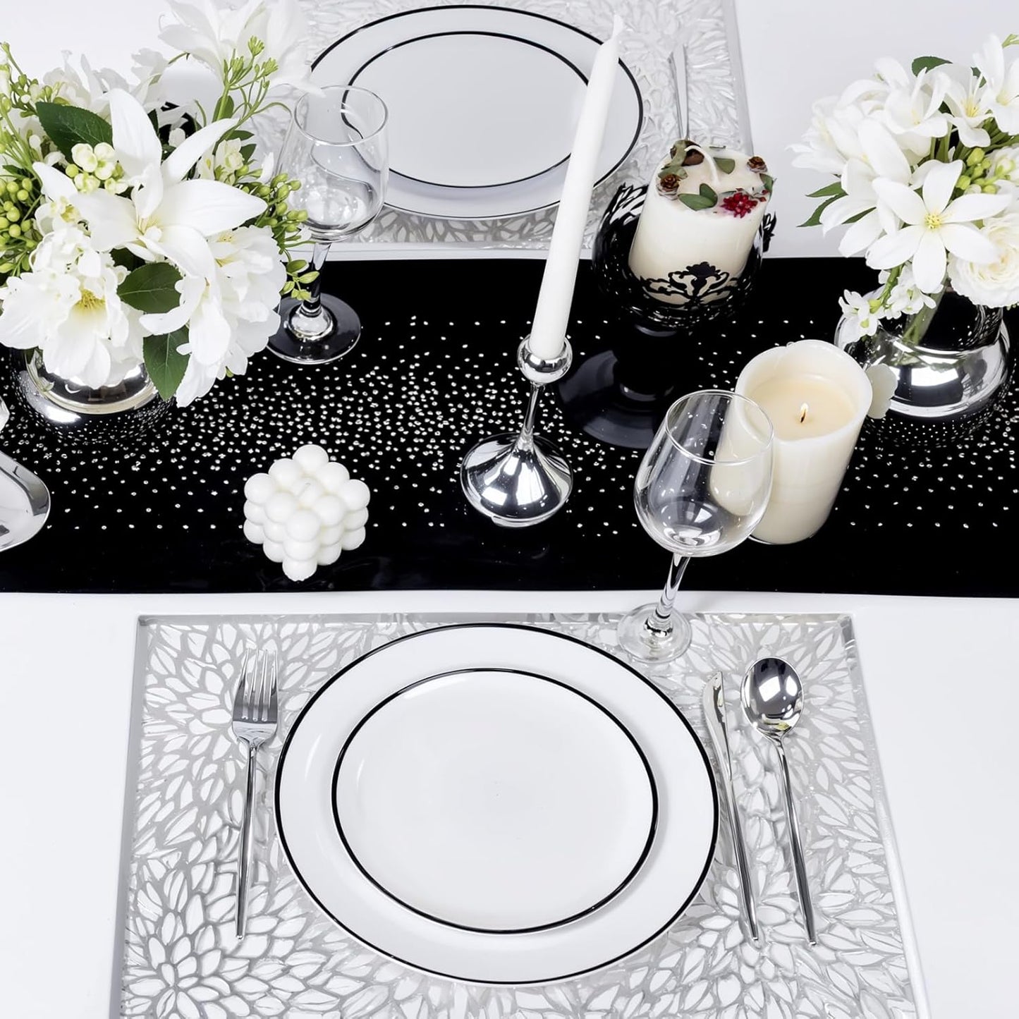 LIYH 60 Pcs White Plastic Plates Disposable for Party Halloween Plates Black and White Plastic Disposable Heavy Duty Party Wedding Plate Including 30 Dinner 10.25” & 30 Dessert Plate 7.5"