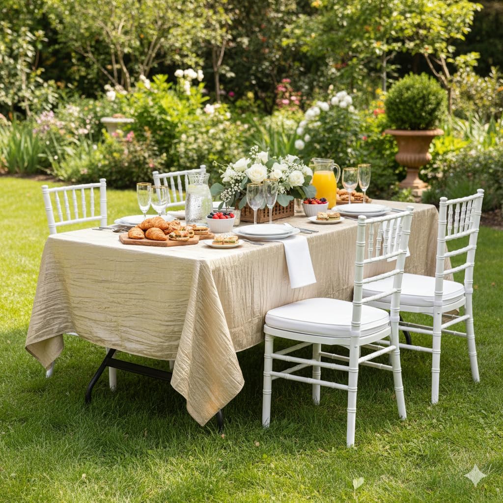 YOUR CHAIR COVERS - 60 x 102 inch Rectangular Crinkle Taffeta Tablecloth - Champagne, Rectangle Table Linens for 6 ft Rectangular Tables, Wedding Crushed Table Cloth