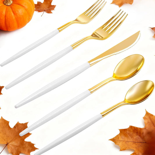 Rubtlamp 96 Pcs Gold Plastic Silverware, Gold Plastic Utensils with White Handle, Cutlery Set Disposable Includes: 32 Knives, 32 Plastic Spoons And 32 Forks for Wedding And Party