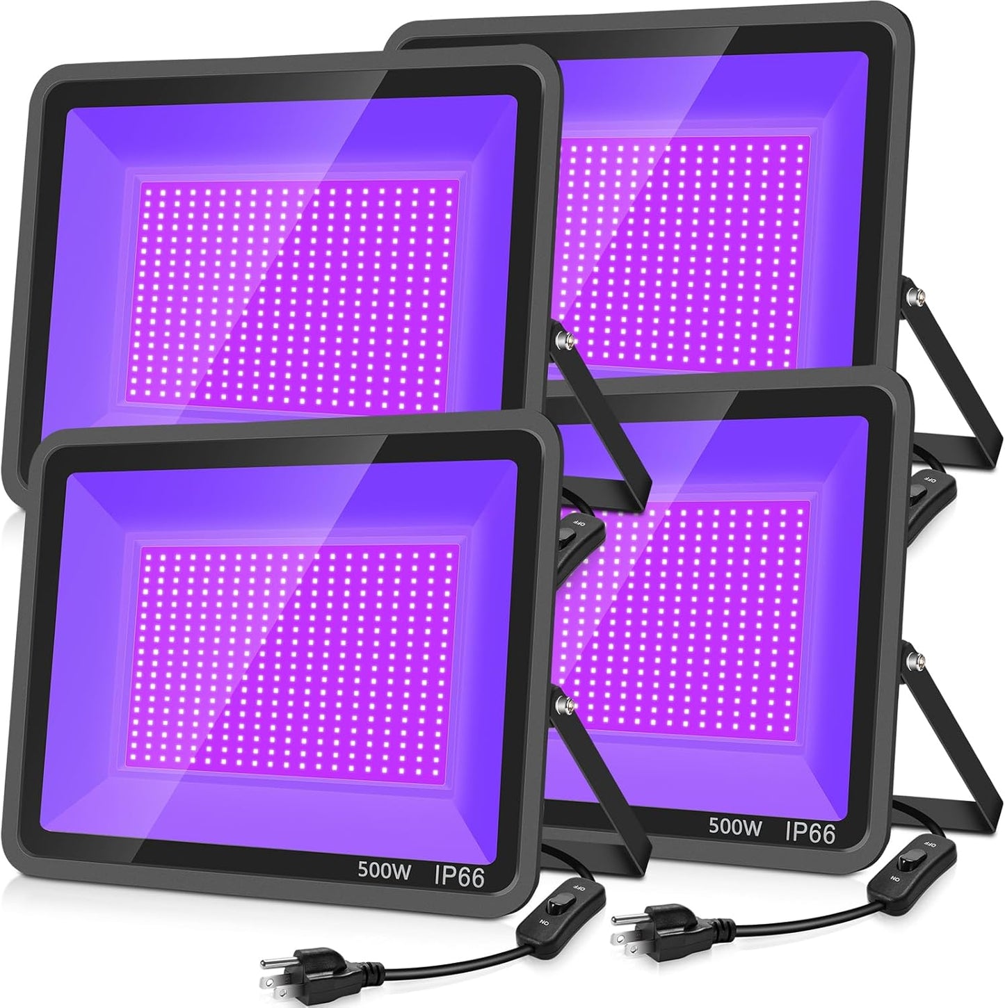 500W 4 Pack LED Black Light,Black Flood Light Outdoor with Plug and Switch, IP66 Waterproof 395nm to 405nm LED UV Blacklight Neon Glow for Glow Party, Halloween, Fluorescent Poster, Body Paint