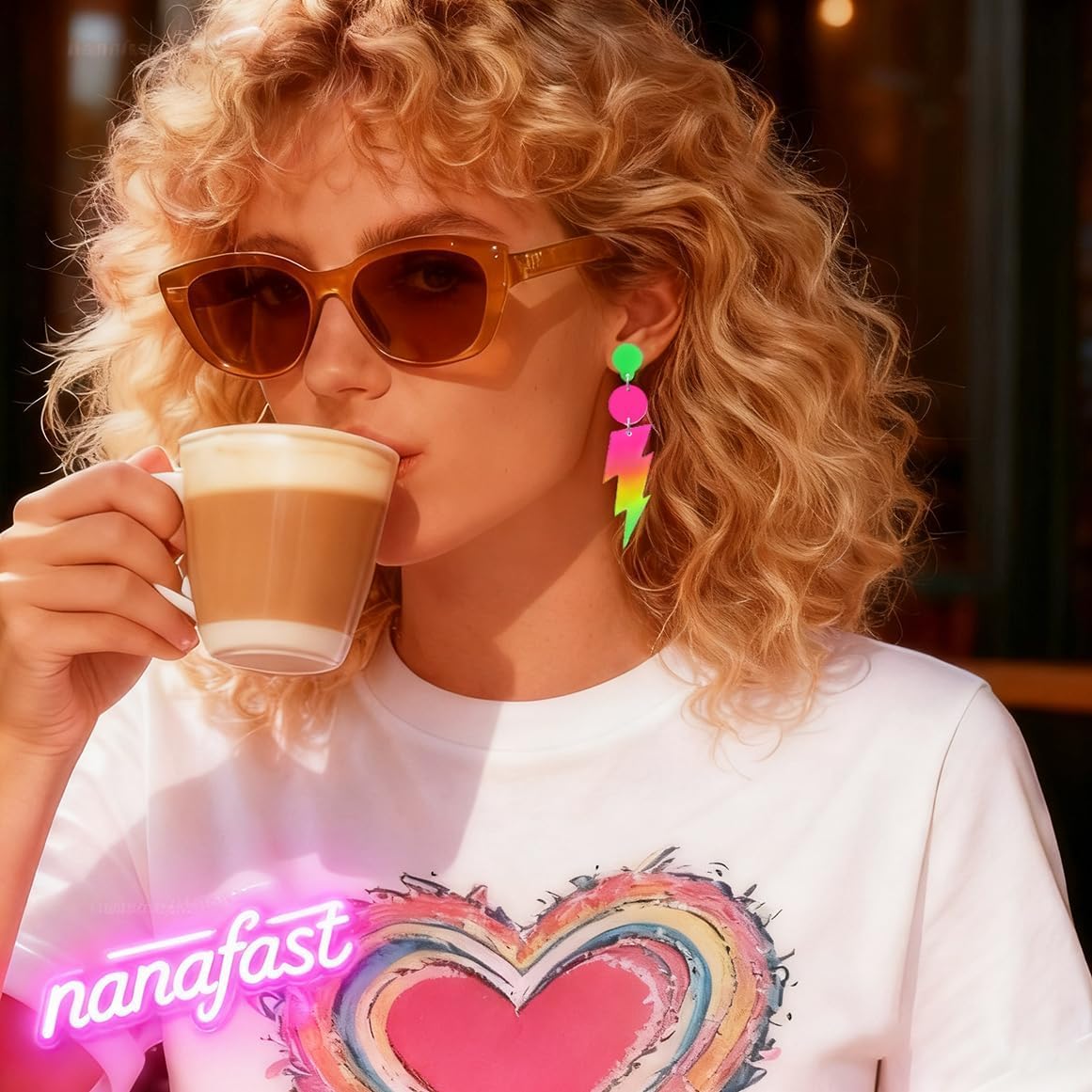 Nanafast 80S Neon Earrings Lightning Bolt Dangle Earrings for Women, 80s Accessories for Women Colorful Gradient Neon Jewelry