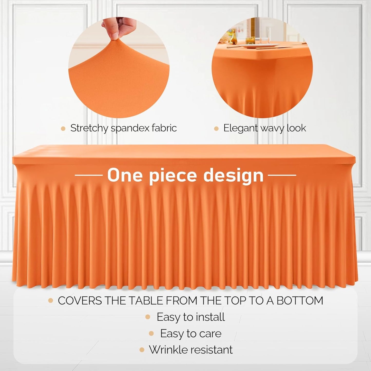 6 Packs Orange Table Clothes for 6 Foot Rectangle Tables, One-Piece Wrinkle Resistant Stretch Spandex Table Covers with Skirt for Event Banquet Wedding Birthday Party
