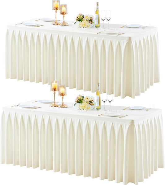 2 Pack Ivory Rectangle Tablecloth 8 FT Stretch Spandex Fitted Table Cloth for 8 Foot Rectangle Tables Banquet Tablecloths Wrinkle Free Table Cover Skirt Ruffle Tablecloths for Party Wedding Birthday
