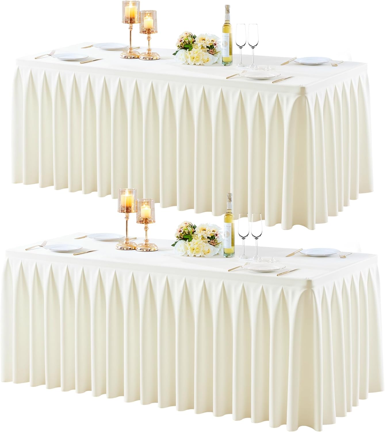2 Pack Ivory Rectangle Tablecloth 6 FT Stretch Spandex Fitted Table Cloth for 6 Foot Rectangle Tables Banquet Tablecloths Wrinkle Free Table Cover Skirt Ruffle Tablecloths for Party Wedding Birthday