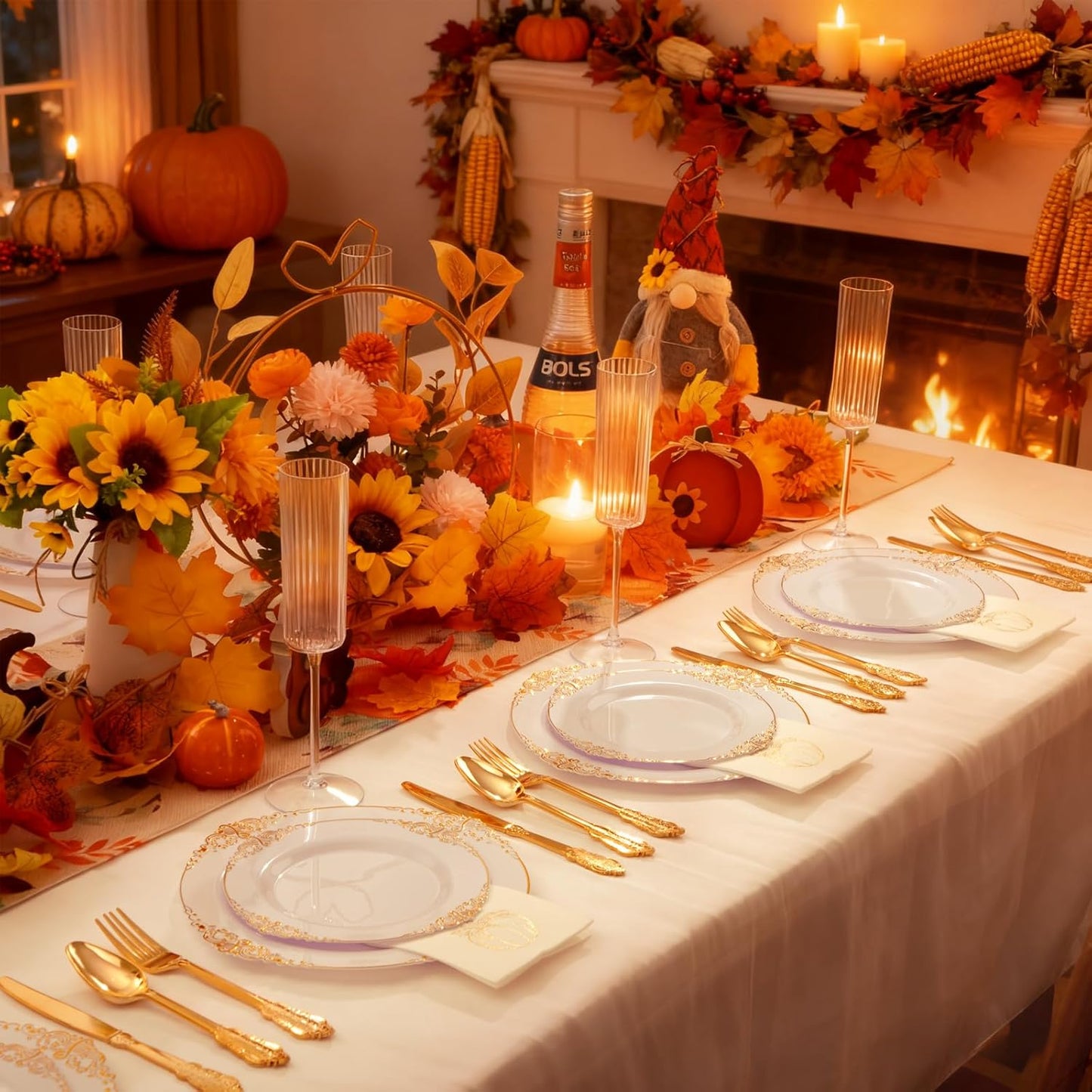 125PCS White and Gold Plastic Plates - Gold Disposable Plates with Plastic Silverware - Vintage Disposable Dinnerware Set for 25 Guests for Christmas Parties, Thanksgiving