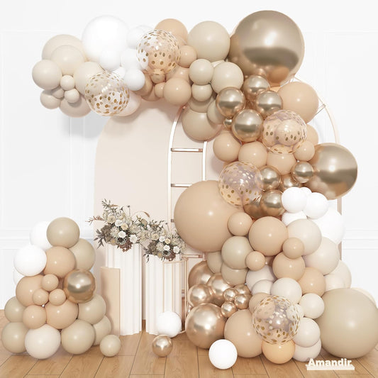 Amandir 153pcs White Sand Balloon Arch Garland Kit, Different Sizes 18 12 10 5 inch Beige Nude Neutral Metallic Champagne Gold Confetti Balloons for Boho Bridal Baby Shower Birthday Party Decorations