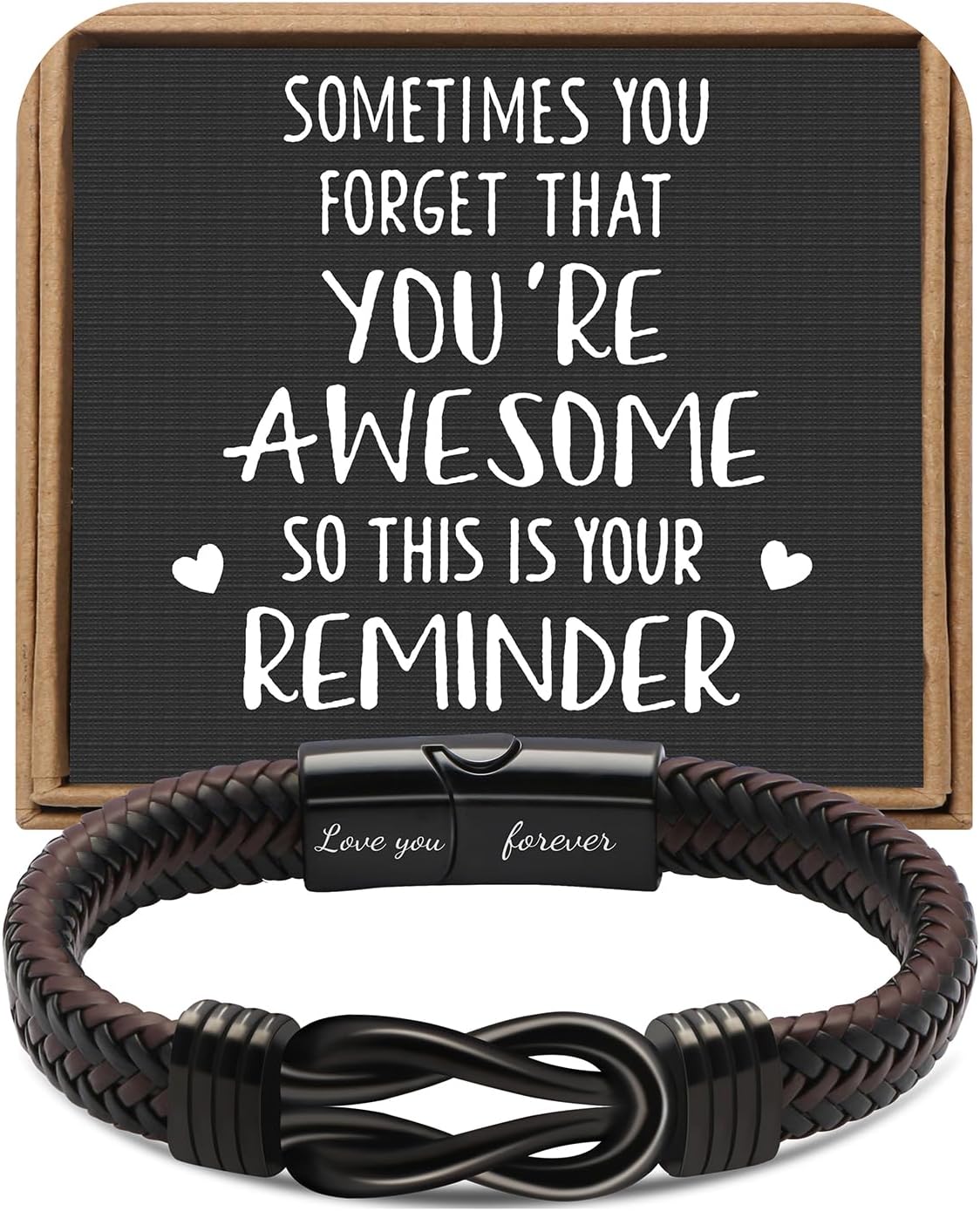 𝗞𝗻𝗼𝘁 𝗕𝗿𝗮𝗰𝗲𝗹𝗲𝘁 𝗚𝗶𝗳𝘁𝘀 𝗳𝗼𝗿 𝗠𝗲𝗻 Brown Braided Leather Stainless Steel Infinity Bracelets Lettering Love You Forever Gifts for Son Grandson Husband Boyfriend Brother Always Linked Together