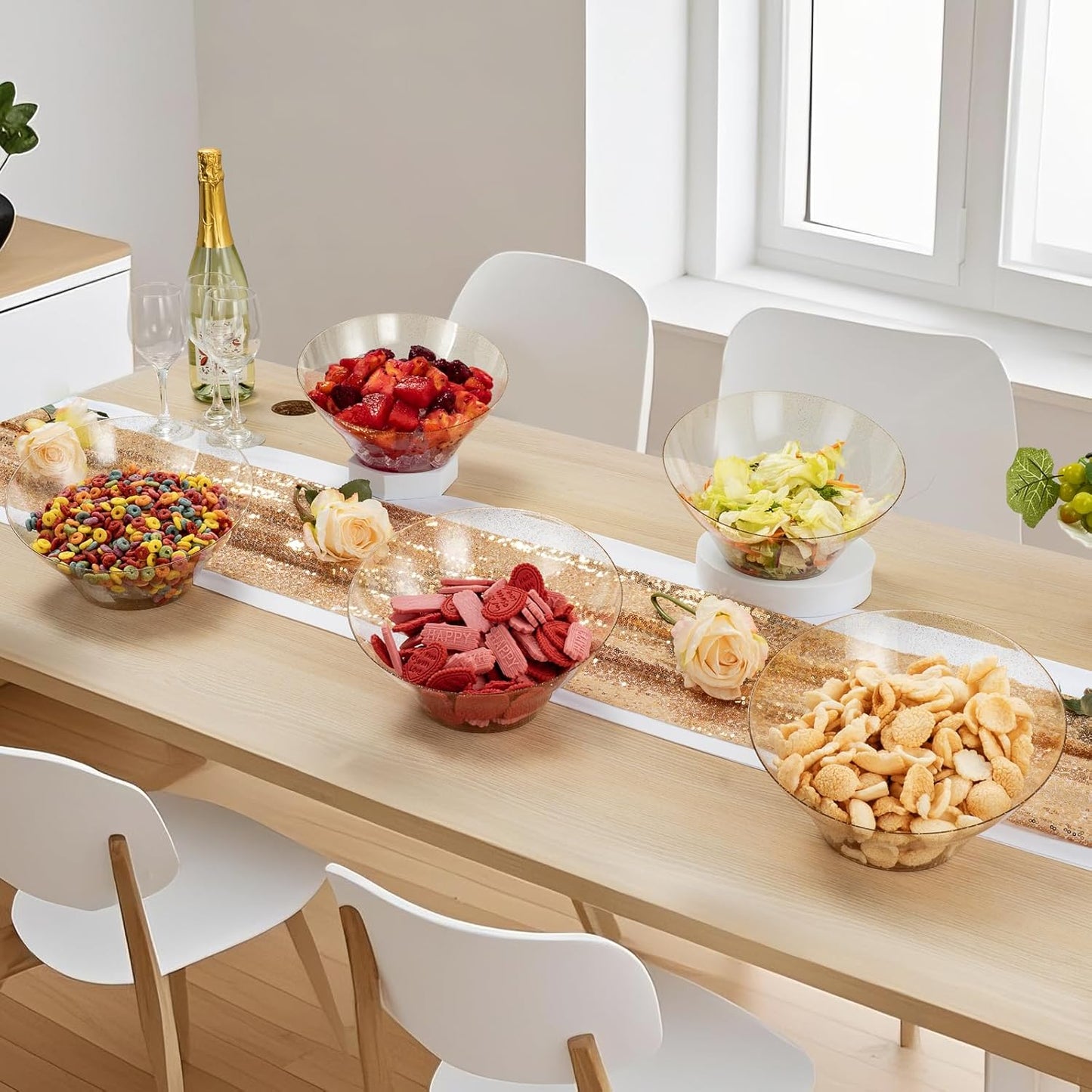 BESTVIP 54oz Clear with Gold Glitter Serving Bowls for Party - 12 Pack Angled Disposable Serving Bowls for Chips, Snacks, Fruit, Salad - Decorative Catering Bowls for Daily Use,Halloween, Christmas