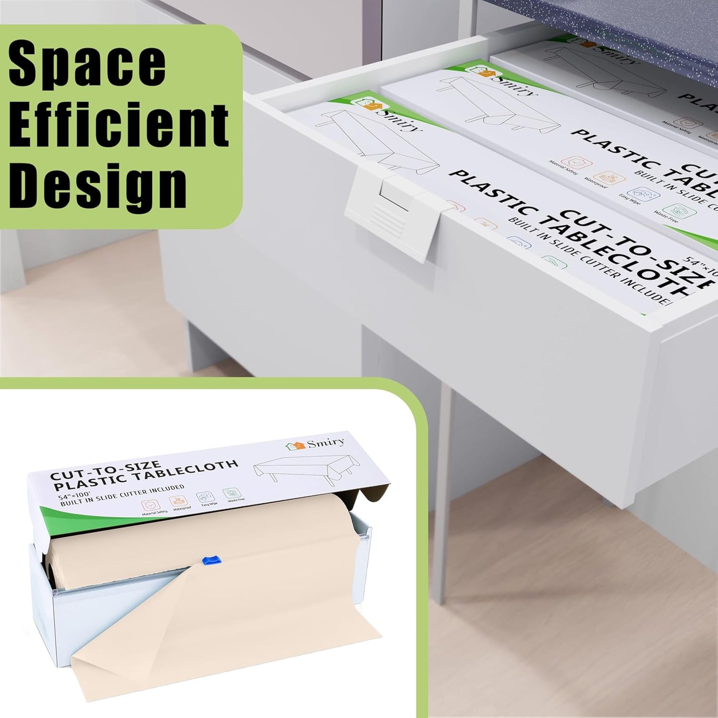 Smiry 54 Inch x 100 Feet Disposable Table Cover Roll, Ivory Plastic Table Cloth in Cut-to-Size Box with Slide Cutter, Waterproof Rectangle Tablecloths for Weddings, Banquets, Outdoor