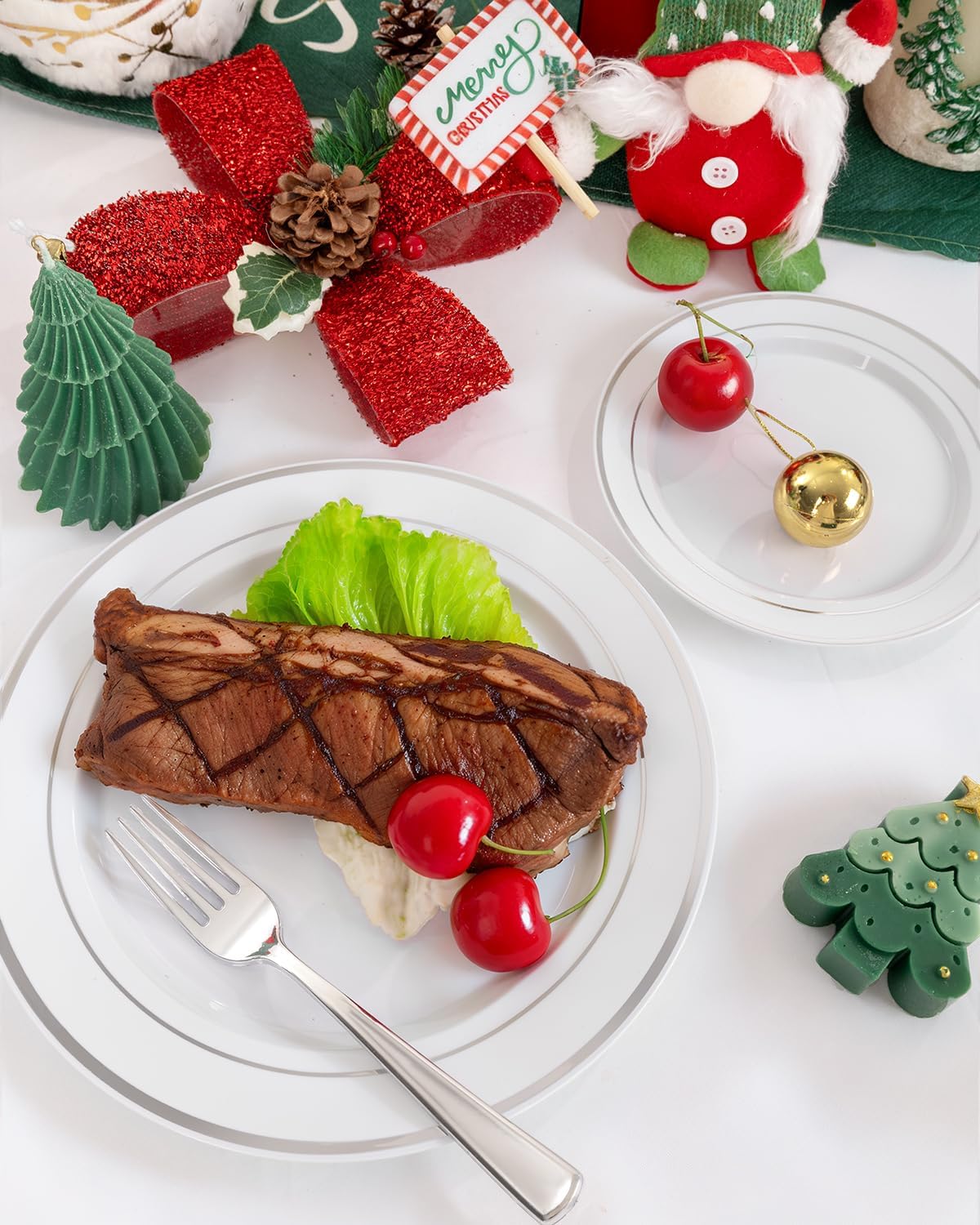 175PCS Sliver Plastic Plates - Christmas Plates Disposable - White Plate with Silver Trim 25Guests Plastic Dinnerware Sets with Rolled Napkins for Wedding/Birthday/Christmas