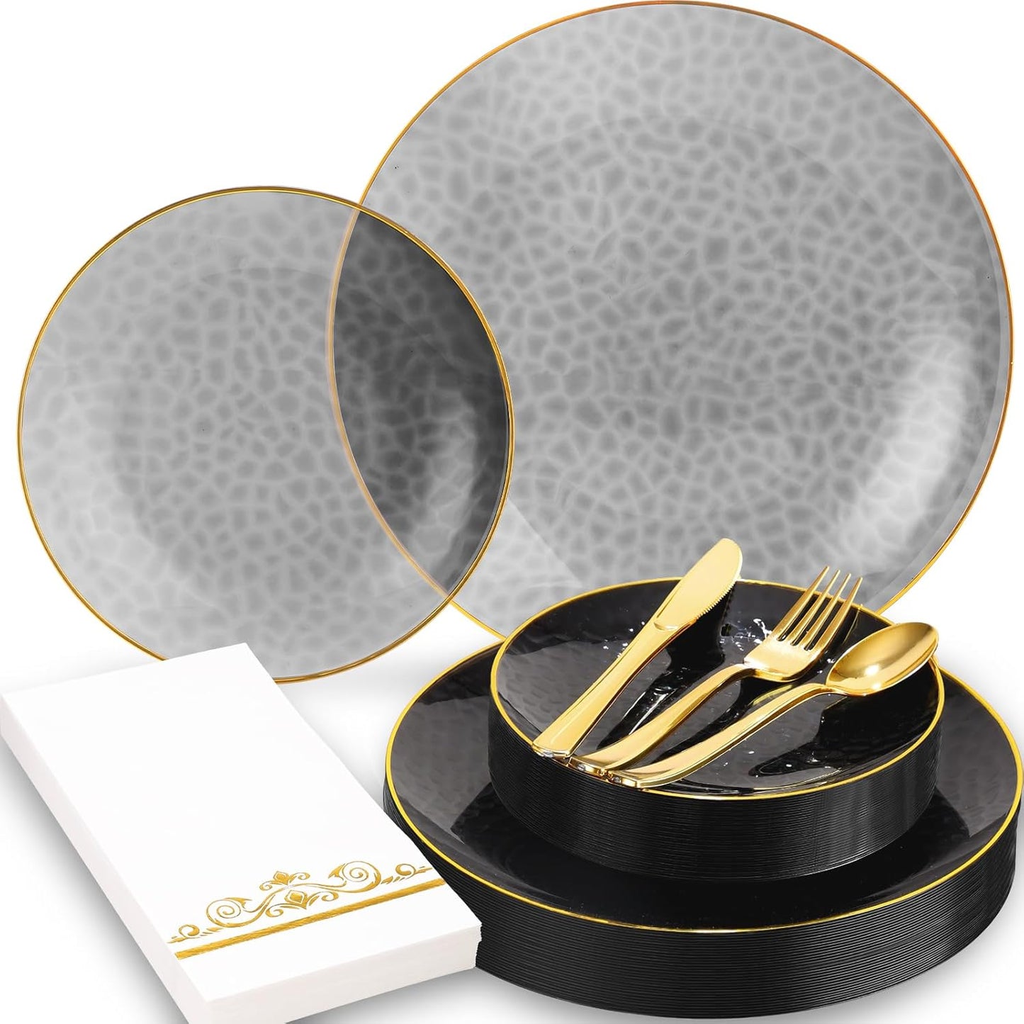 150 Pcs Black and Gold Plates Disposable for Party - Elegant Black Plastic Plates Fancy Disposable Dinnerware for Birthday Party New Year (25 Guests)