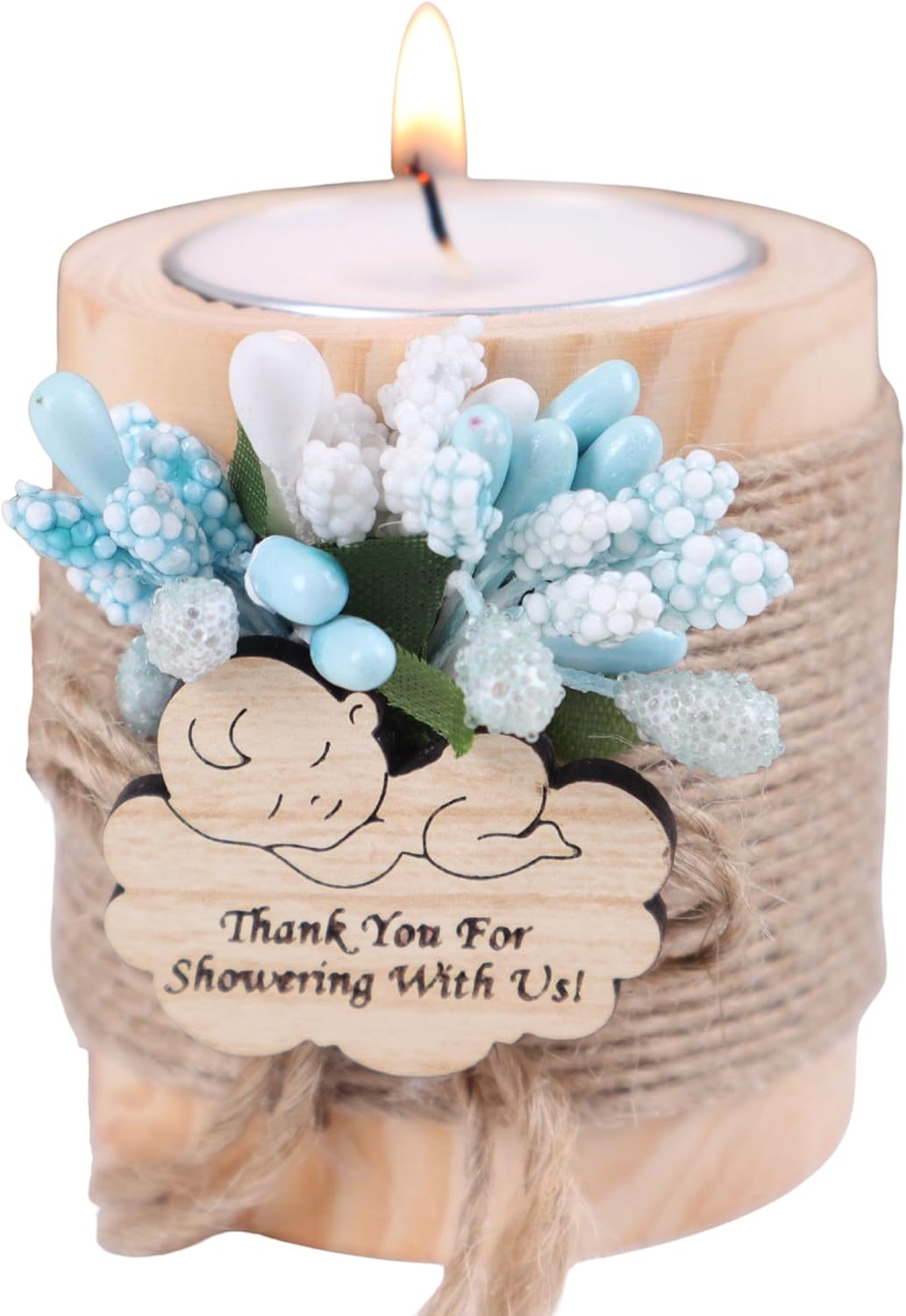 HTF Pack of 10 Baby Shower Decorations Wood Tealight Candle Holder, Gender Reveal Favors, Babyshower Wood Candle Holders (BS-Blue, Light Brown)