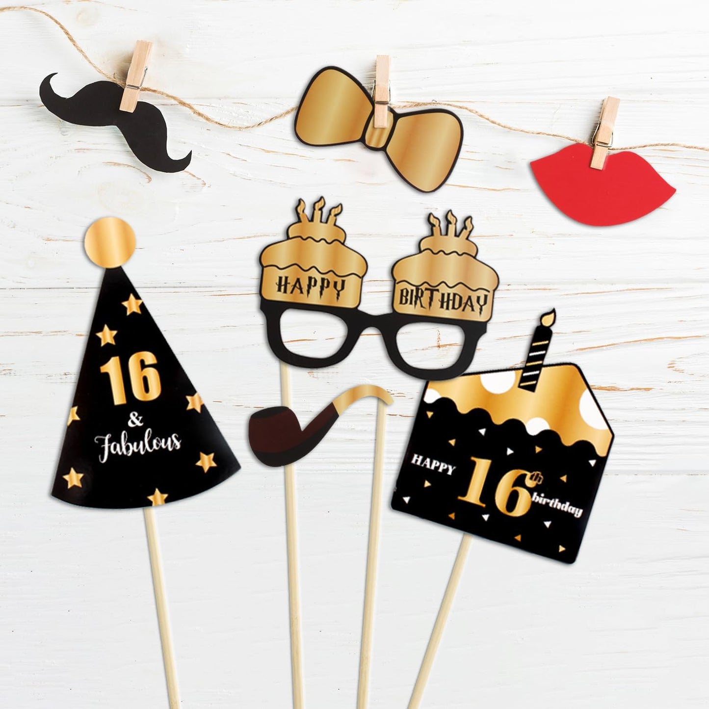 LINGTEER Happy 16th Birthday Party Photo Booth Props,Cheers to 16th Birthday Sixteen Years Old Bday Party Centerpieces Props Decorations Sign.