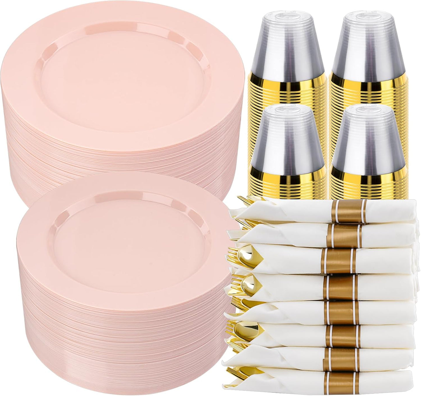 350 PCS Pink Plastic Dinnerware Set for 50 Guests, 100 Disposable Plates for Party, 50 Pre Rolled Napkins with Gold Silverware, 50 Cups for Wedding, Graduation