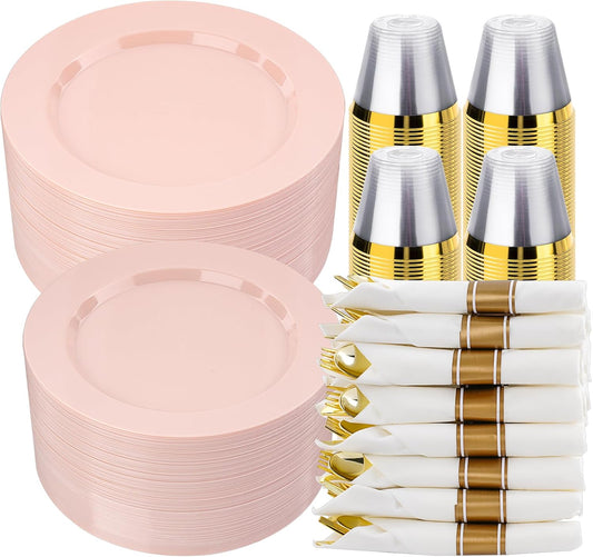 350 PCS Pink Plastic Dinnerware Set for 50 Guests, 100 Disposable Plates for Party, 50 Pre Rolled Napkins with Gold Silverware, 50 Cups for Wedding, Graduation