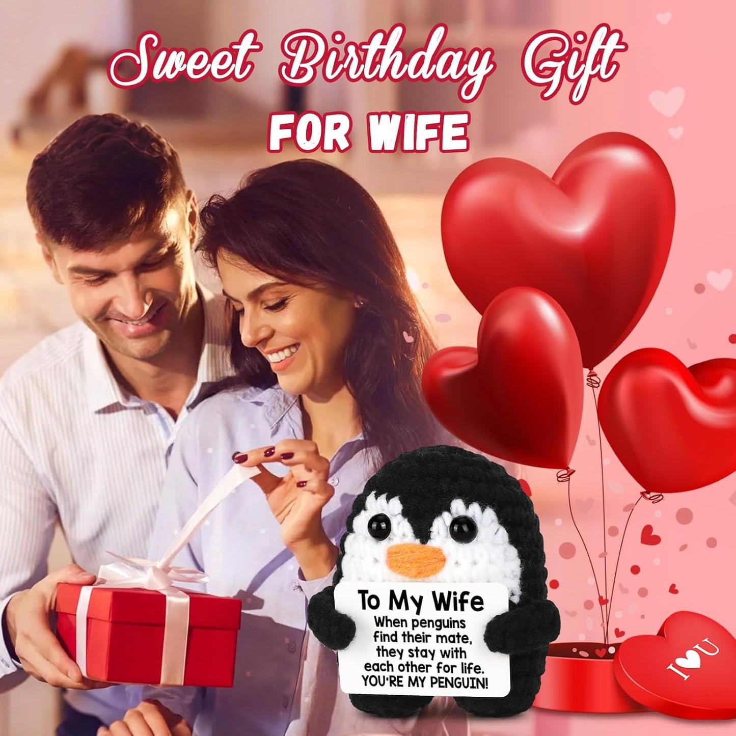 Gifts for Her Wife from Husband Birthday Christmas, to My Wife Handmade Crochet Emotional Mini Funny Penguin, Romantic Wedding Anniversary Valentines Gifts for Women Her, Small Cute Love Sign Decor