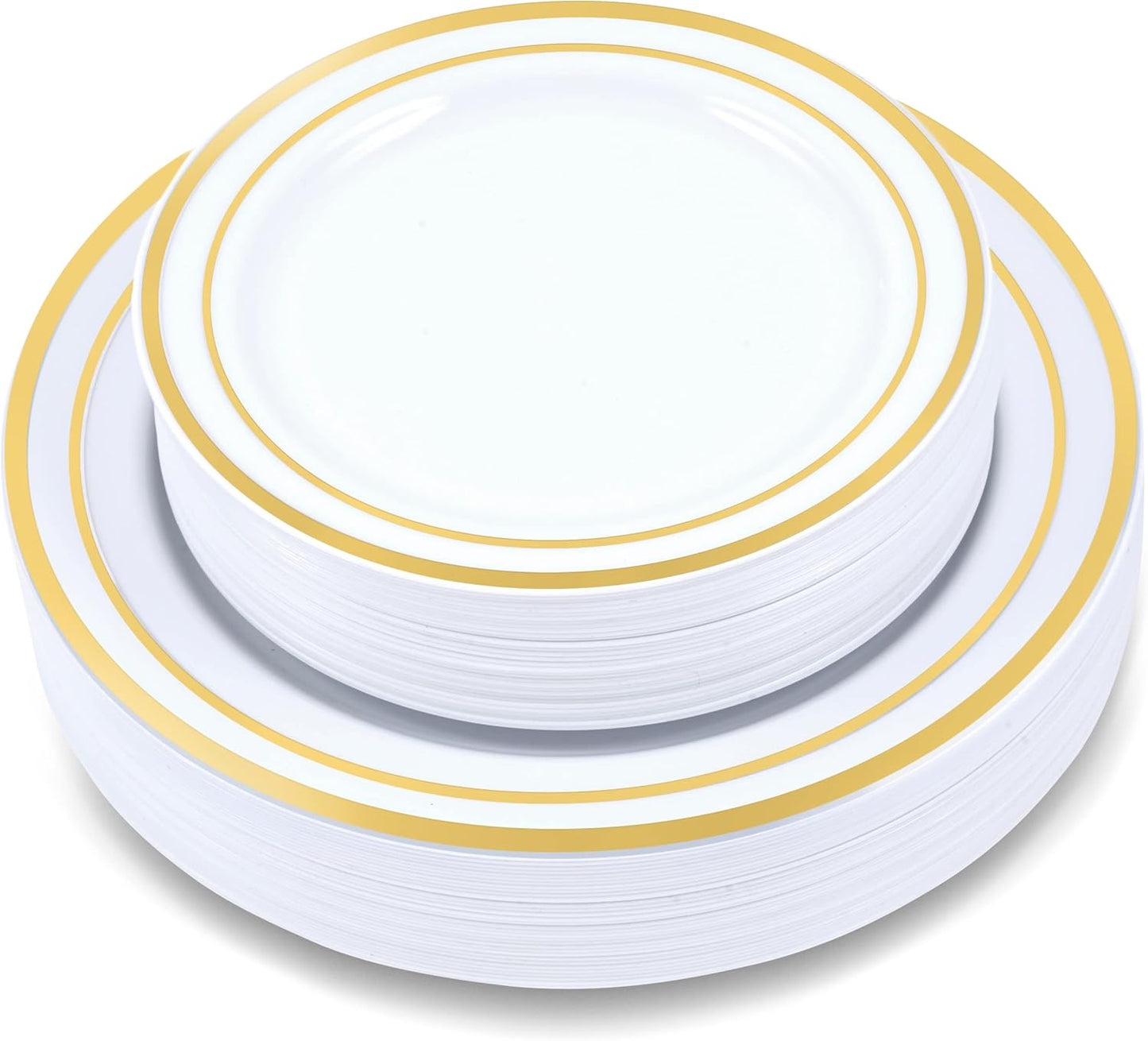100-Piece Plastic Plates Set Premium 50 Dinner Plates & 50 Salad Plates Pack, Disposable Plates for Party - White Plastic Wedding Plates with Gold Rim