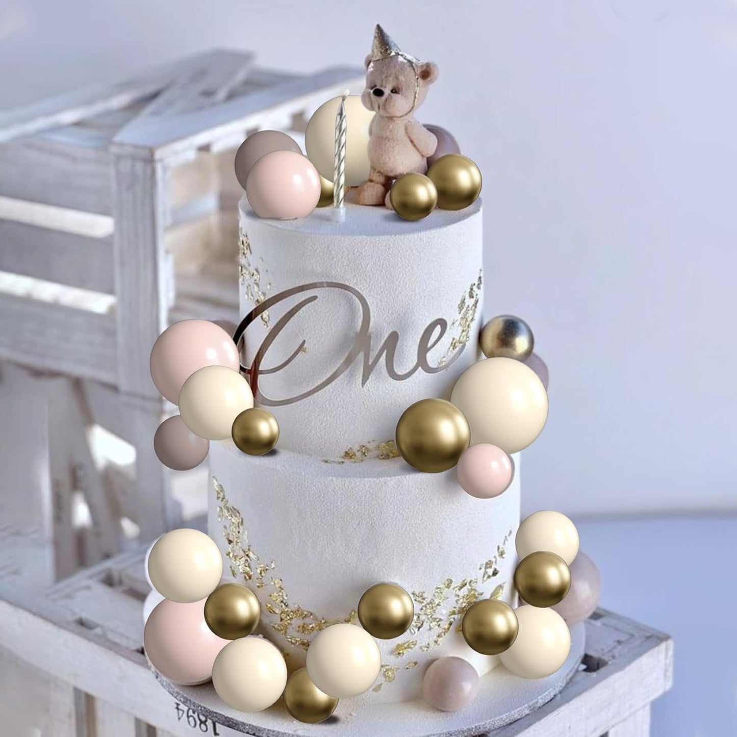 36 Pack Balls Cake Topper Decorations Foam Balloons Cake Decorations Sticks Mini Balloons Cake Toppers Balls Cake Picks for Baby Shower Wedding Anniversary Birthday Party Decorations Khaki Gold