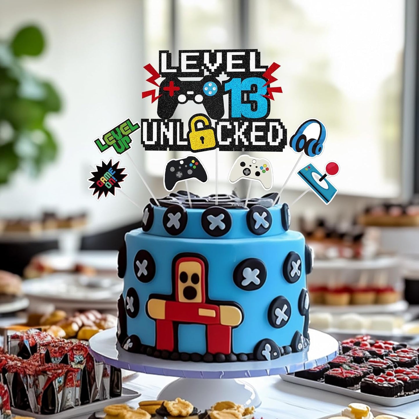 Video Game Cake Topper, Level 13 Unlocked Cake Topper, Happy 13th Birthday Game Party Decorations for Boys Girls, Video Game Controller Themed Birthday Party Supplies for Game Fans, Kids and Men