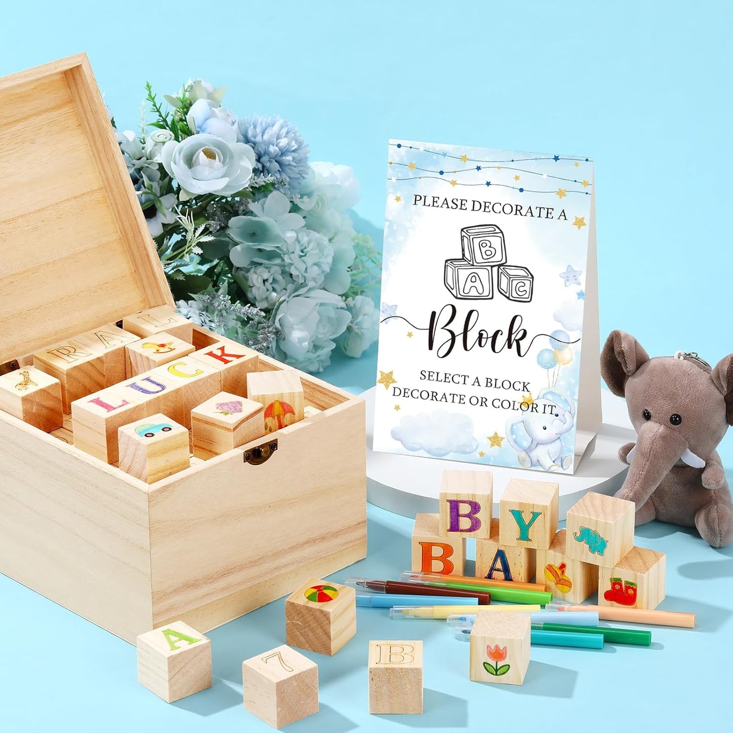 Marsui 136 Pcs Baby Shower Blocks to Decorate Game Kit Includes 98 Wooden Blocks, 36 Markers, 1 Game Sign, 1 Storage Box for Baby Shower Gender Reveal Activity Party Decorations(Blue Elephant)