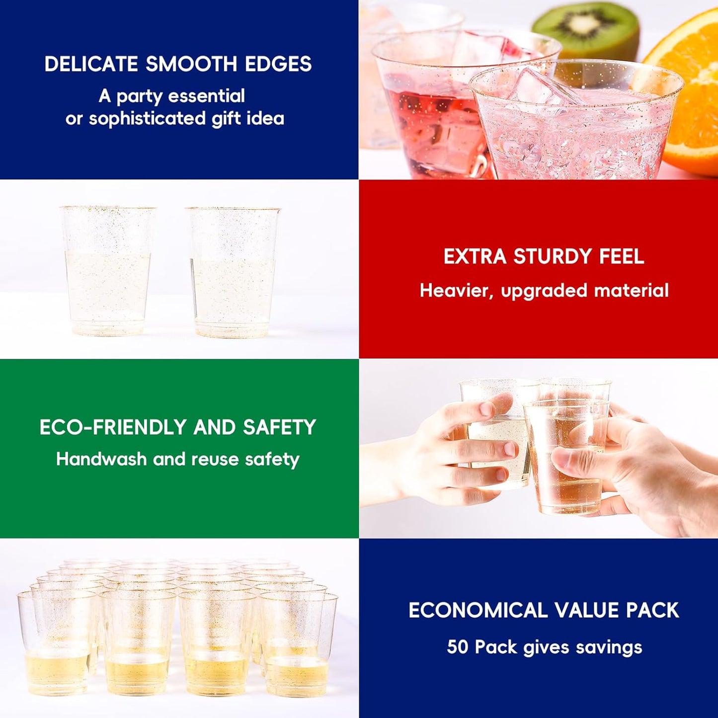 JOLLY CHEF 14 oz 50 Pack Gold Plastic Cups, Disposable Gold Glitter Plastic Cups Tumblers, Ideal for Wedding Halloween, Thanksgiving, Christmas Parties