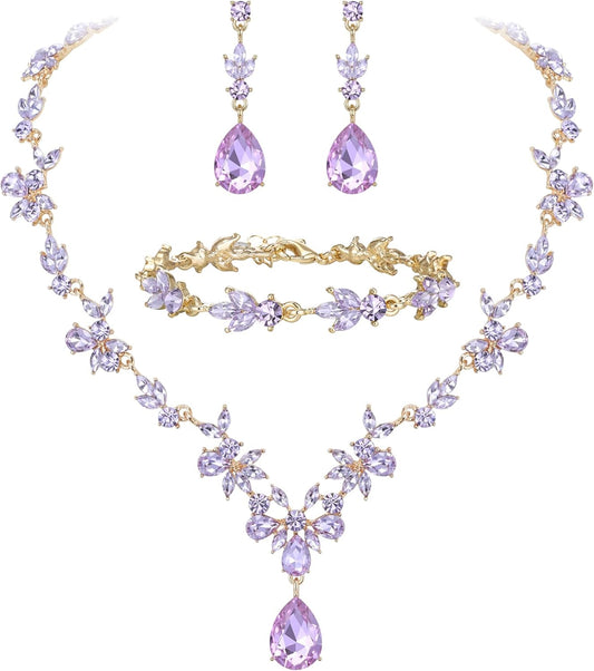 BriLove Wedding Jewelry Set for Women Bride, Y-Necklace Tennis Bracelet Dangle Earrings Crystal Teardrop Marquise Cluster for Bridal Bridesmaid