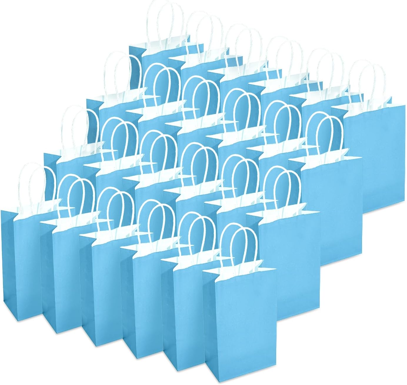 DjinnGlory 100 Pack Small Sized Blue Paper Bags with Handles Bulk for Merchandises, Christmas Gifts, Baby Blue Party Goodie Bags for Birthdays, Baby Showers, Weddings, 9x5.5x3.15 Inch