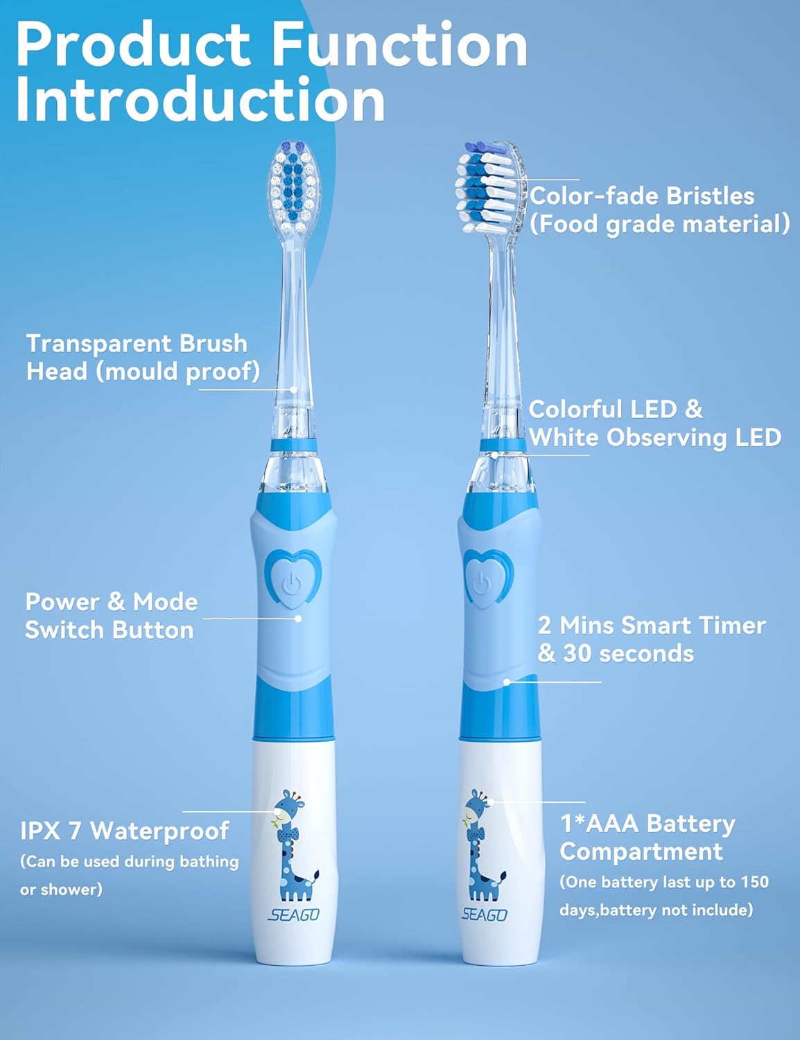 SEAGO Kids Electric Toothbrush with 2 Mins Brushing Timer and 4 Replacement Bursh Heads, Rainbow LED Light Make Brushing Fun, Boys Battery Powerd Toothbrush for 4-12 Years Old，SG-977 (Light Blue)