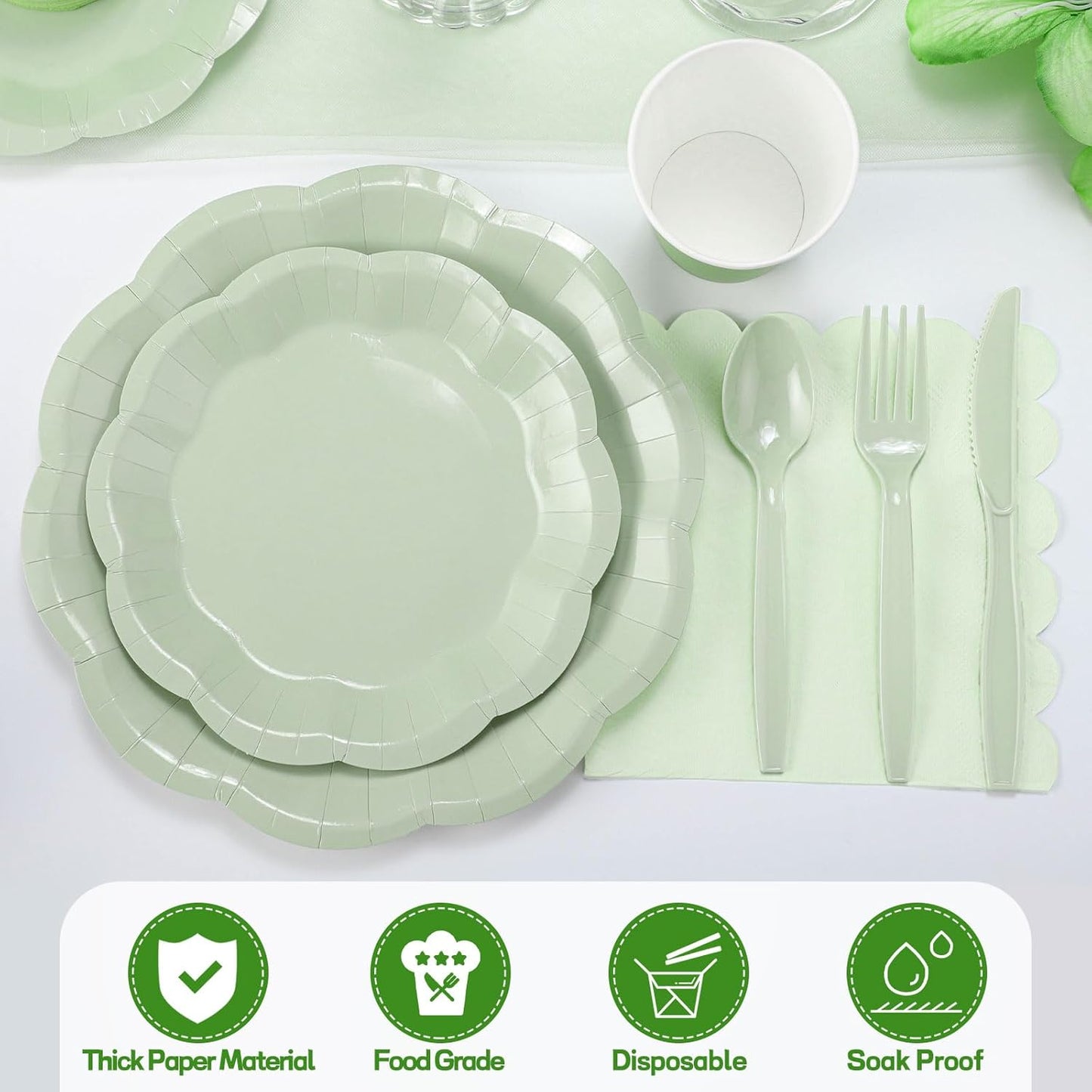 175 Pcs Sage Green Plates and Napkins Set, 25 Guest Sage Green Party Supplies Include Scalloped Plate Napkin Cup Forks Knives Disposable Plastic Cutlery for Wedding Baby Shower Birthday