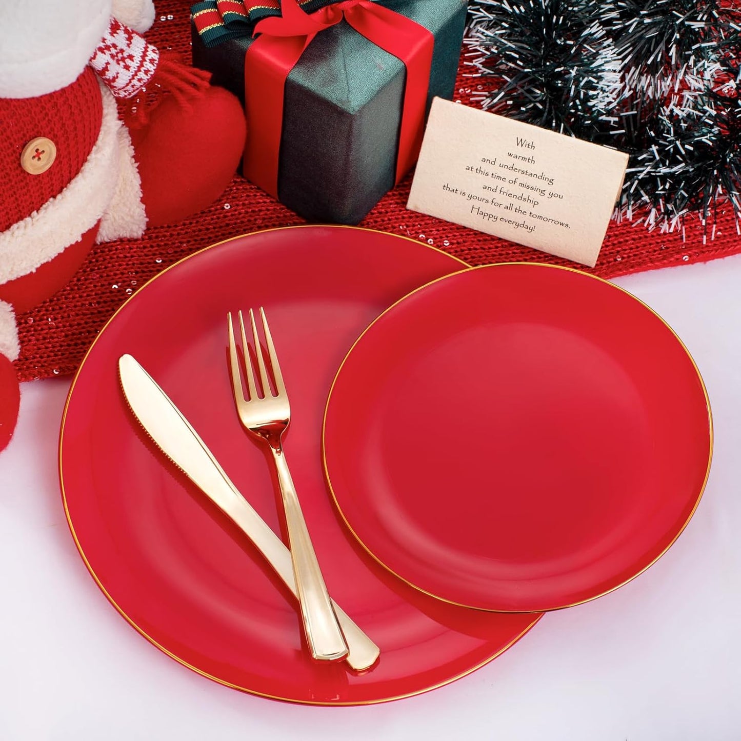 PULOTE 100PCS Red Plastic Plates Disposable Heavy Duty - Include 50 Dinner / 50 Dessert Plates for Party & Christmas