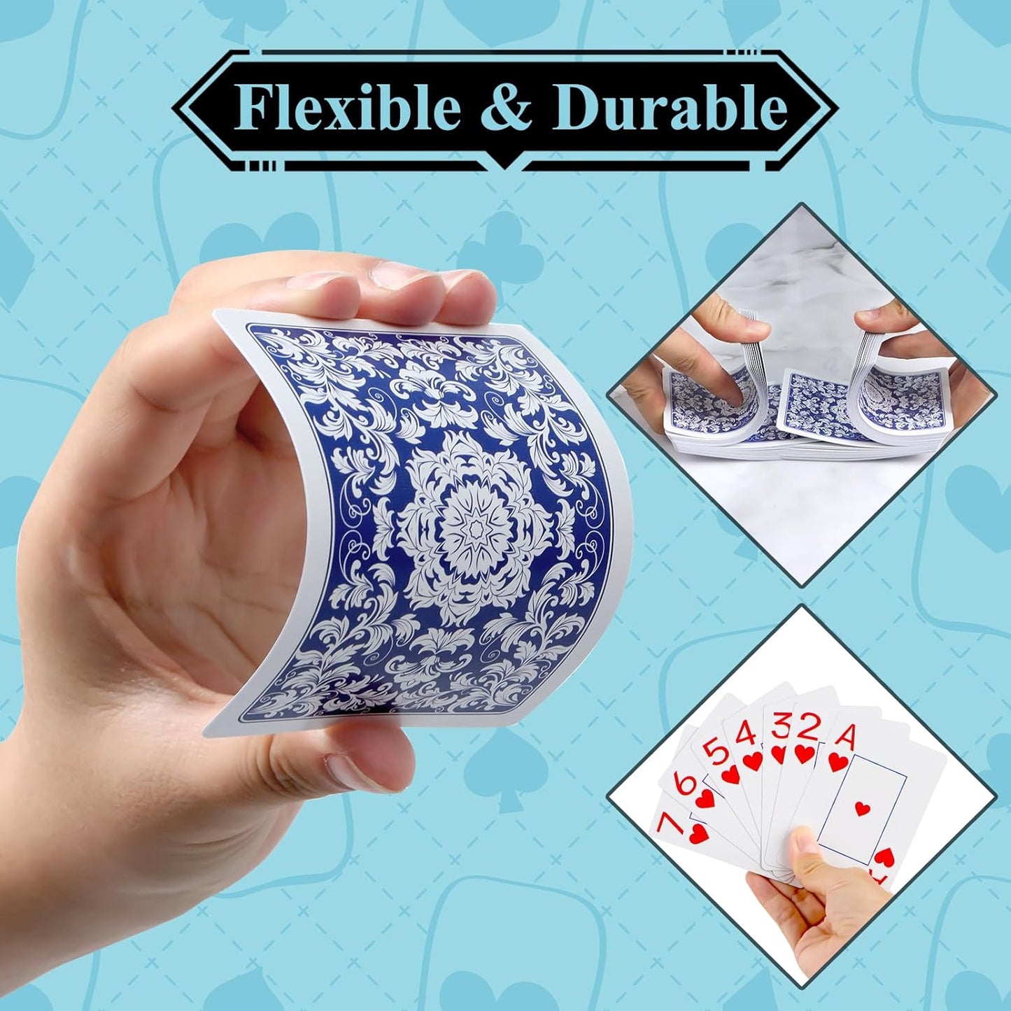 Plastic Playing Cards Waterproof Cards Poker Card 2 Pack Playing Card Large Print for Adults Seniors, Deck of Card Set Poker Cards for Beach Trip Pool Party Games (Blue)