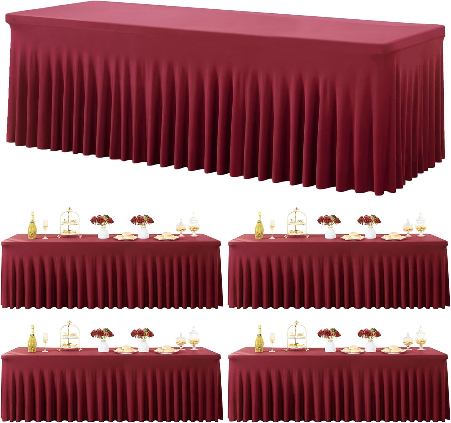 4 Pack Burgundy Spandex Tablecloths for 8 Foot Rectangle Tables, Wrinkle Free Fitted Tablecover 8ft Maroon Stretchy Table Clothes with Skirt for Weddings Birthday Party Banquet Baby Shower