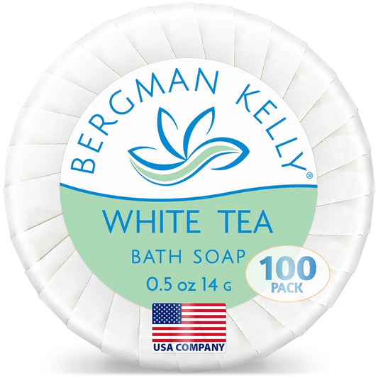 BERGMAN KELLY - Hotel Soap Bars - White Tea, 0.5 oz, 100 PK - Travel Size Luxury Bulk Amenities Bar Soap, Mini Individually Wrapped Round Soap - Small Toiletries for Airbnb, Motel, Guest Bathroom