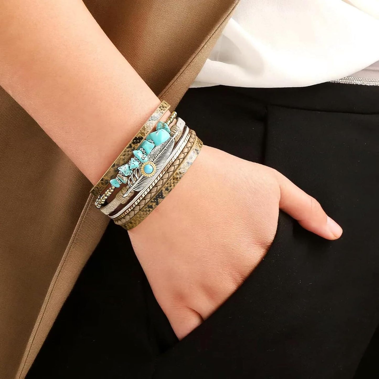 Fesciory Leopard Bracelet for Women, Boho Leather Wrap Multi-Layer Pearl Crystal Bracelet Bangle Jewelry