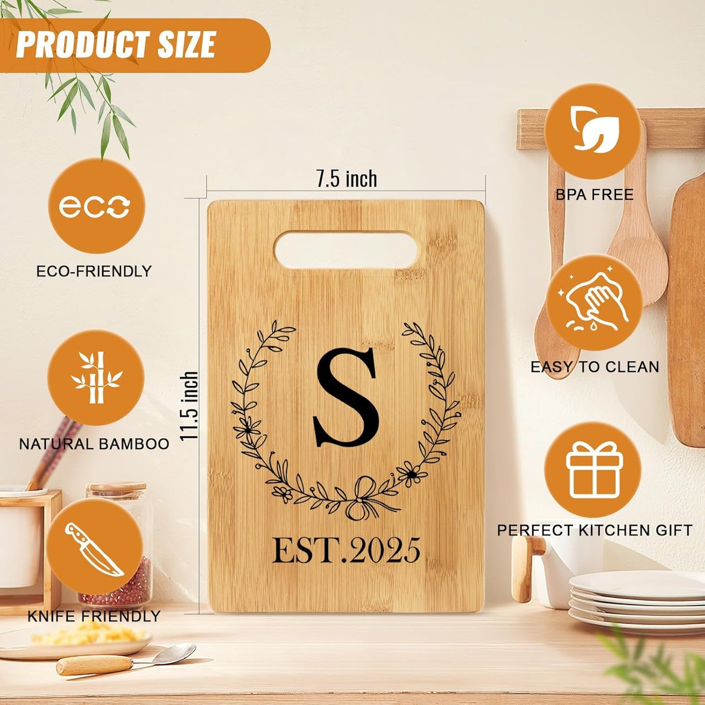 Personalized Cutting Board, Monogrammed Wedding Gift for Couple Newlywed 2025, Initial Birthday Gifts for Women, Gift for Bridal Shower Wedding Shower Engagement Anniversary Housewarming(Letter-S)