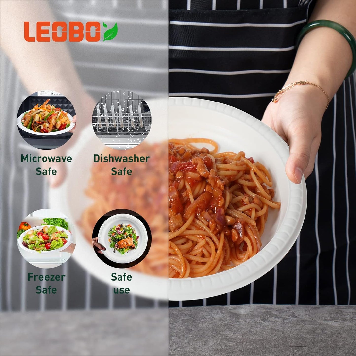 Plastic Plates Mineral Filled PP 9 Inch - 150 Pack Shrink Wrap BPA Free Dinner Trays | Dishwasher Freezer & Microwave Safe | Reusable & Disposable Plate for Party Bulk Events | Restaurant White