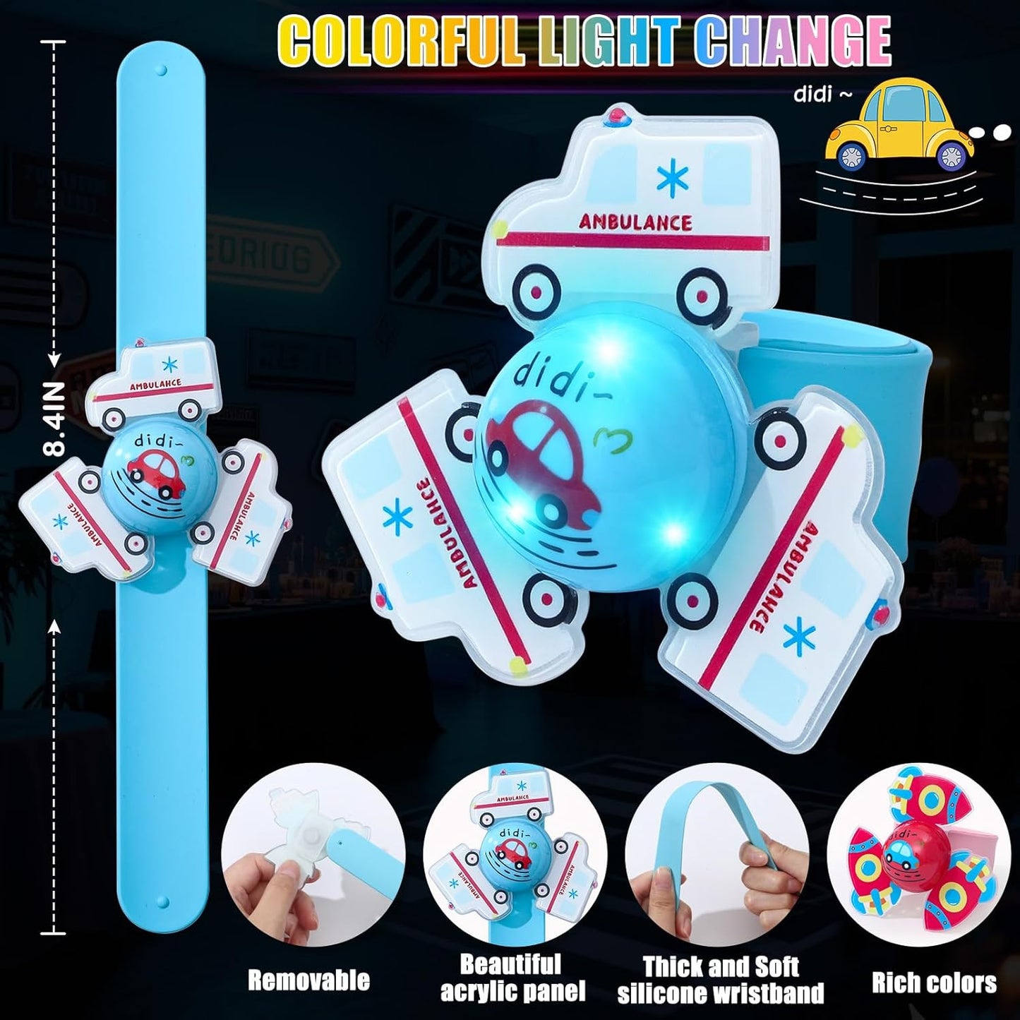12Pcs LED Light Up Rotating Slap Bracelets Car Party Favors Glow Bracelets, Transportation Glow In The Dark Party Supplies Birthday Gifts Goodie Bag Stuffers Classroom Rewards for Kids Boys Girls