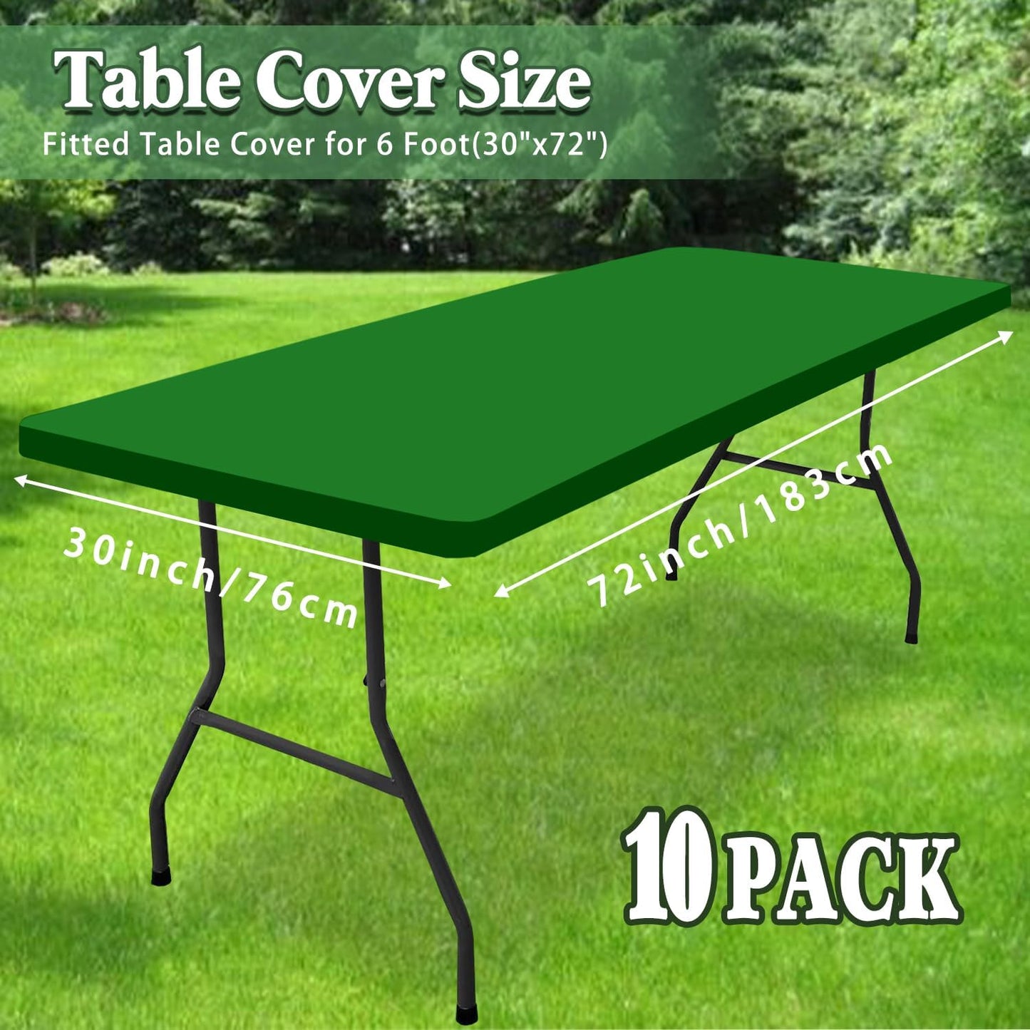 10 Pack Picnic Fitted Table Cover for 6 Foot Tablecloth for Rectangle Tables Waterproof Stretch Washable Folding Indoor and Outdoor Spandex Table Cloth for Camping Banquet Parties (Green,30" x 72")