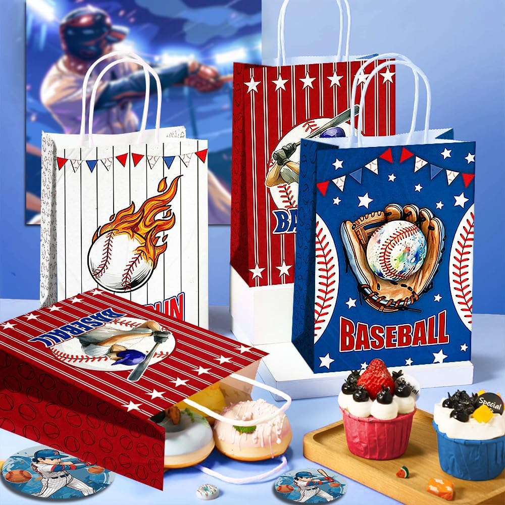 JOYGATHER 24 Pcs Baseball Goodie Bags with Handles, Baseball Party Favors Gift Candy Treat Snack Paper Bags with 3 Different Types for Birthday Party Supplies Decorations