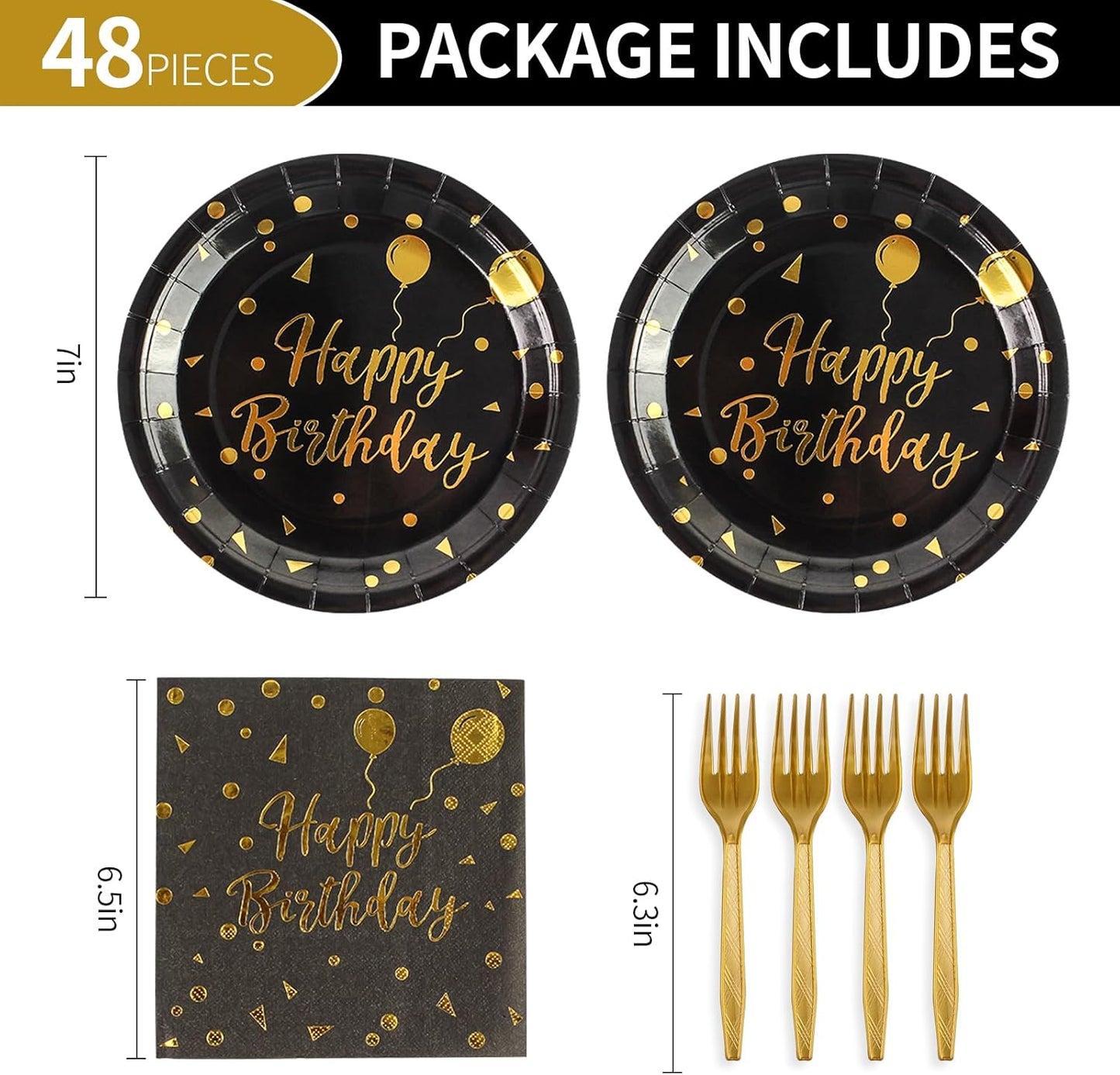 48PCS Happy Birthday Plates and Napkins Party Supplies, Black and Gold Disposable Paper Plates and Napkins with Forks Tableware Set for Birthday Party Decorations 16 Guests (Birthday Black)