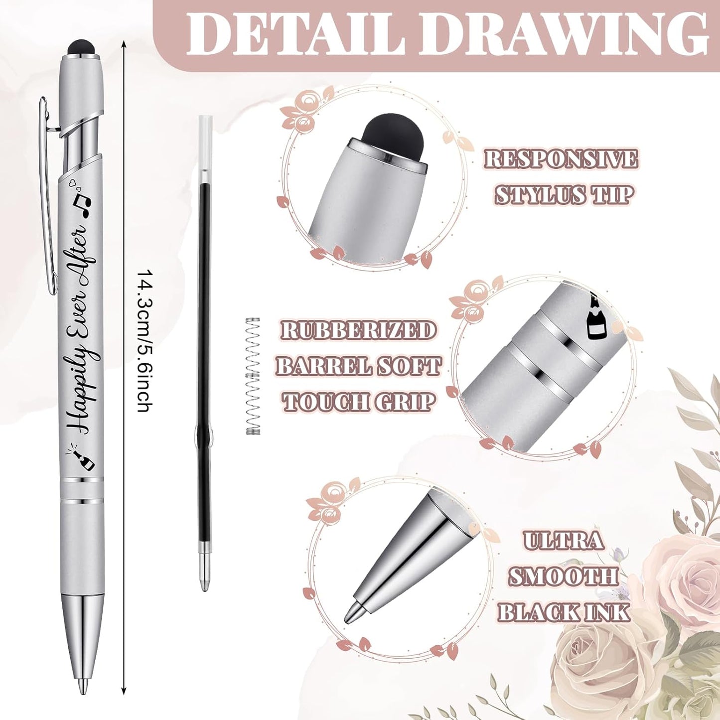 Kisston 36 Pcs Wedding Pens Bulk Bridal Shower Pens Favors Bachelorette 6 Styles Retractable Ballpoint Wedding Favors Supplies for Guest Game Office(Silvery)