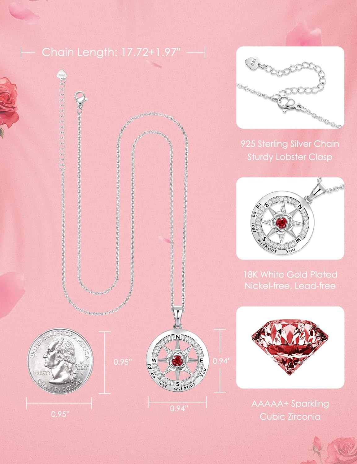 Silver Compass Necklace for Women Birthday Gifts for Wife Anniversary Necklace for Women Rose Flower Birthstone Necklaces for Wife Jewelry for Womens Girlfriend Mom Daughter