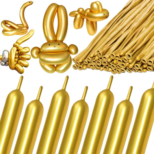 KAWKALSH 260 Metallic Gold Long Balloons for Balloon Garland Thickening Skinny Latex Twisting Animals Modeling Christmas Birthday Wedding Party Festival Decorations 100pcs